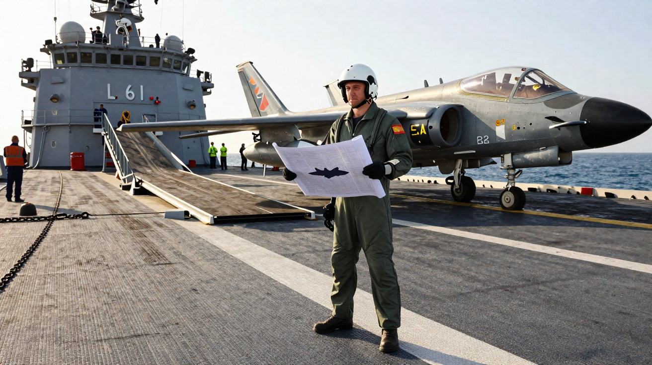 Piloto militar com capacete segura mapa a bordo de porta-aviões com caça estacionado no convés.