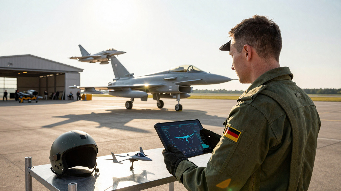 Militar com tablet controla voo de caça numa base aérea com aviões e capacete ao fundo.