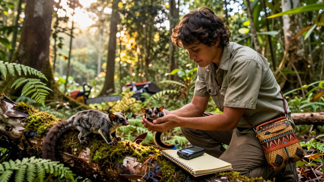 Jovem em floresta observa dois pequenos mamíferos sobre tronco coberto de musgo, com caderno e rádio ao lado.