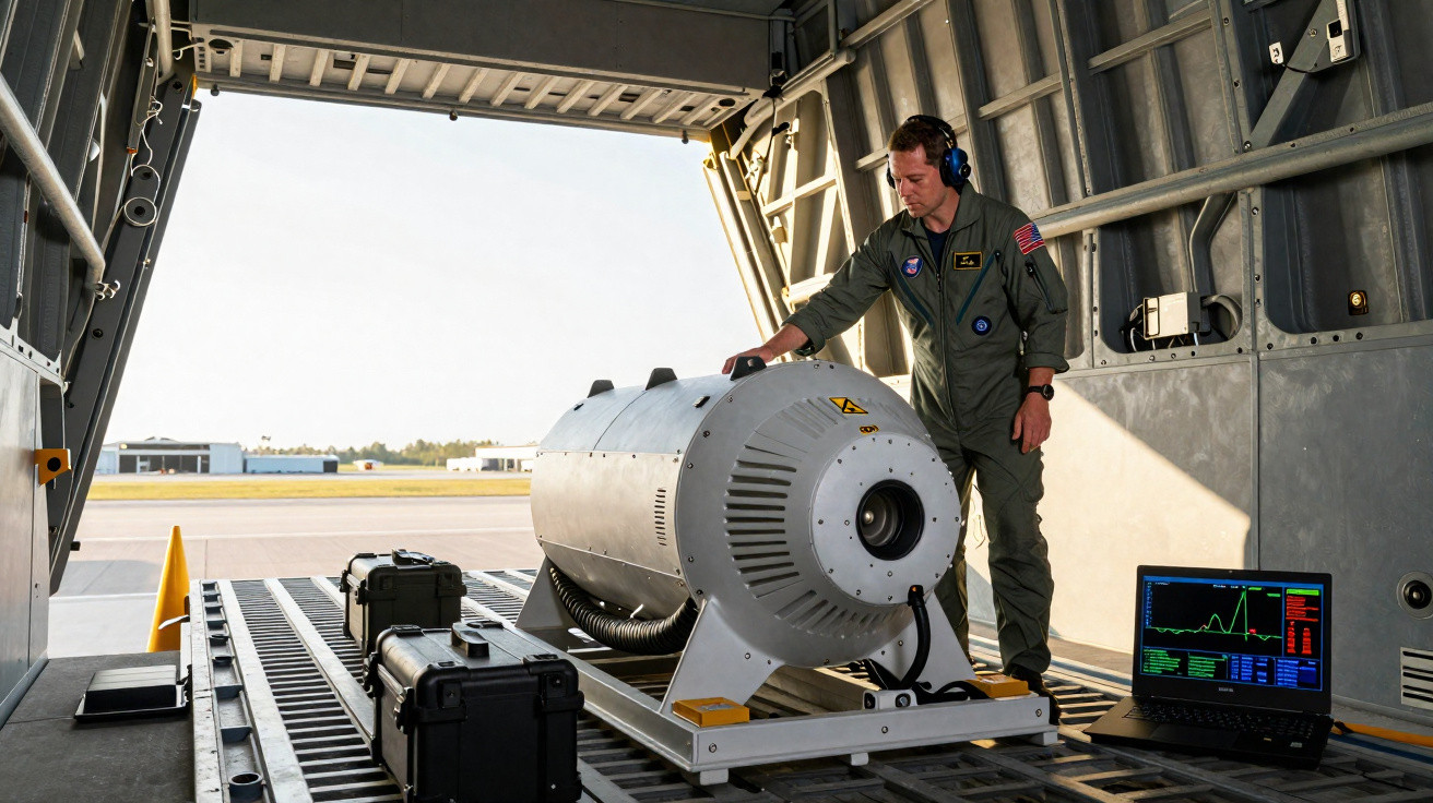 Militar usa auscultadores e verifica equipamento tecnológico numa zona de carga de avião militar.