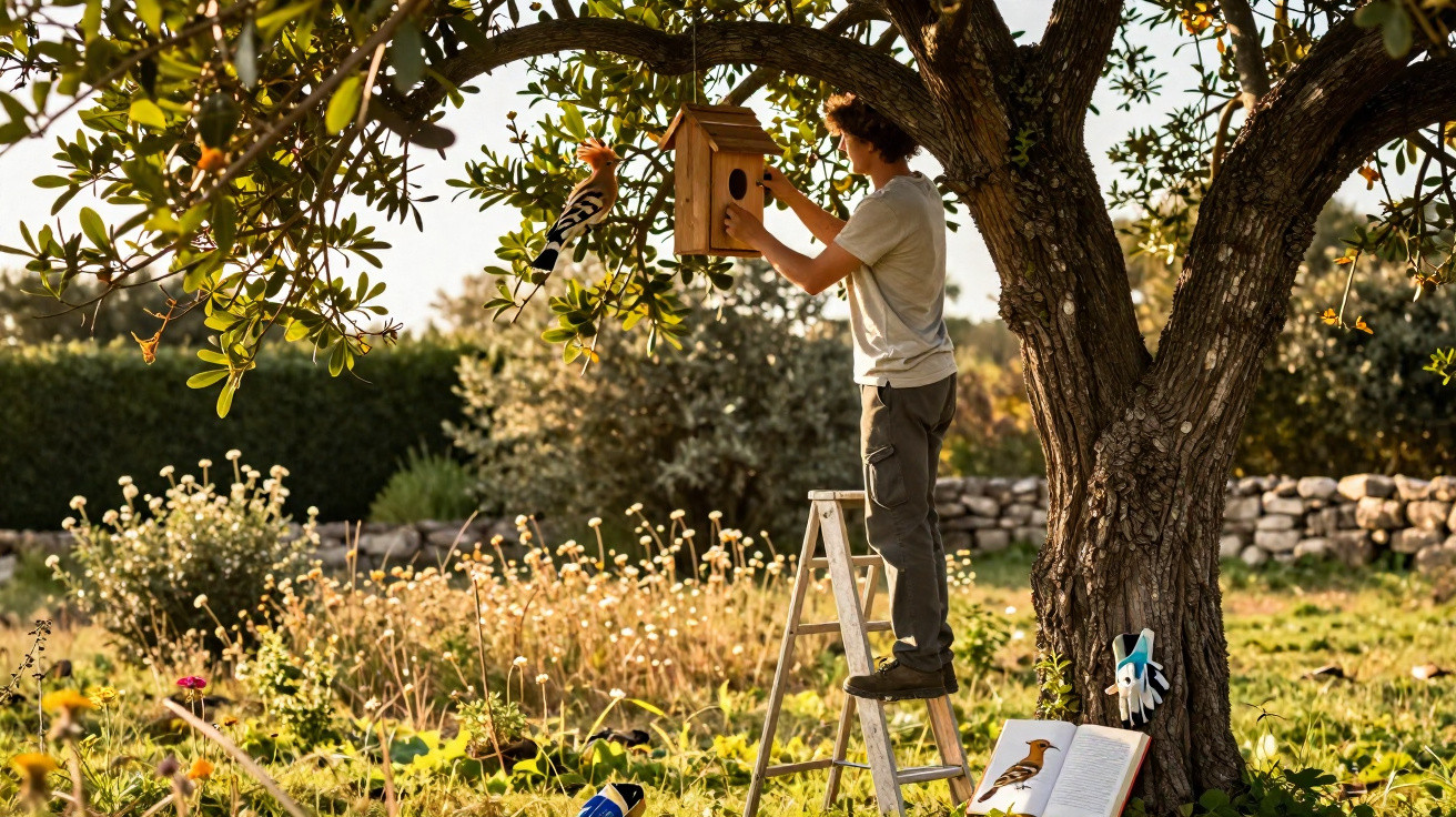 Homem monta casa de pássaros numa árvore, com campo florido e livro de aves aberto no chão.