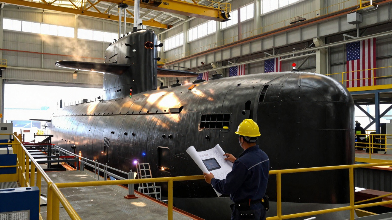 Submarino negro em doca seca com trabalhador de capacete amarelo a consultar plantas no interior industrial.