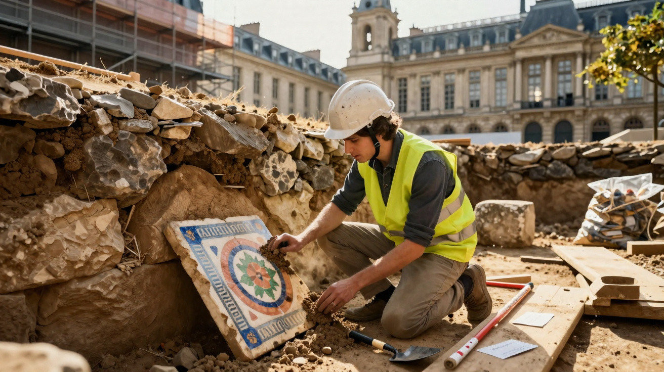 Arqueólogo com colete e capacete examina azulejo colorido numa escavação urbana com edifiícios históricos ao fundo.