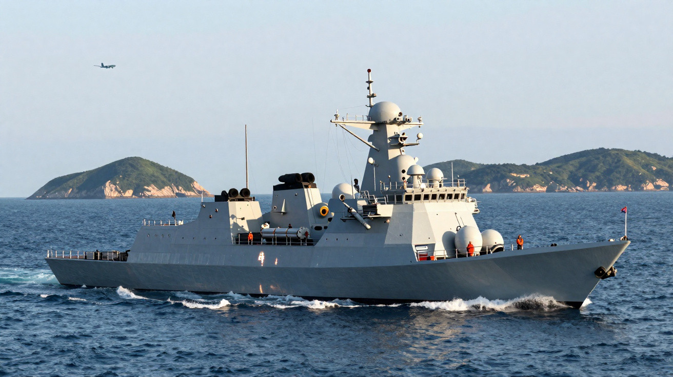 Fragata militar cinzenta a navegar no mar, com ilhas ao fundo e um avião no céu.