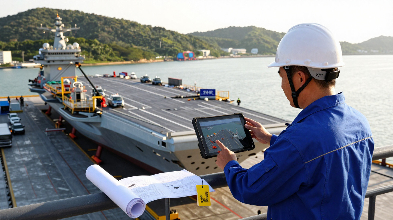 Homem de capacete branco e macacão azul usa tablet para inspecionar porta-aviões atracado no porto.