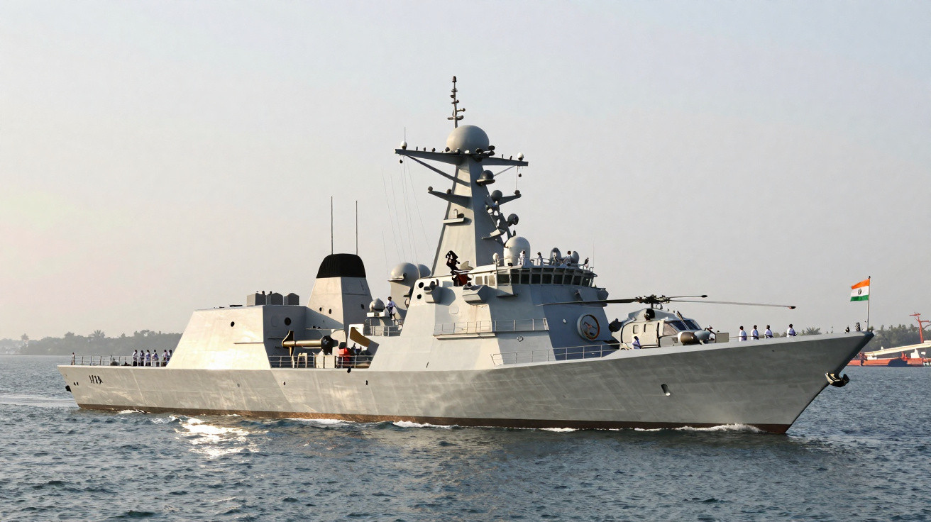 Navio de guerra moderno da marinha indiana navegando em mar calmo com tripulação visível no convés.