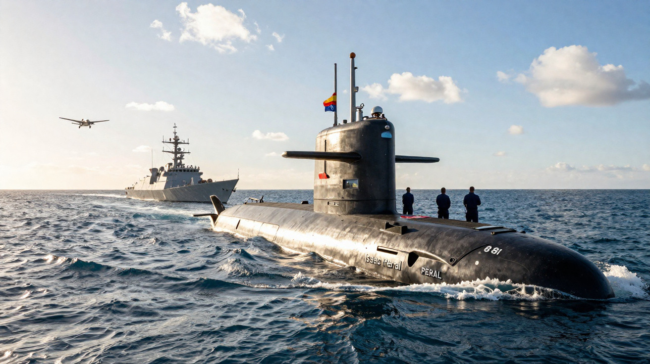 Submarino e navio militar na superfície do mar com um avião a voar ao fundo sob céu parcialmente nublado.