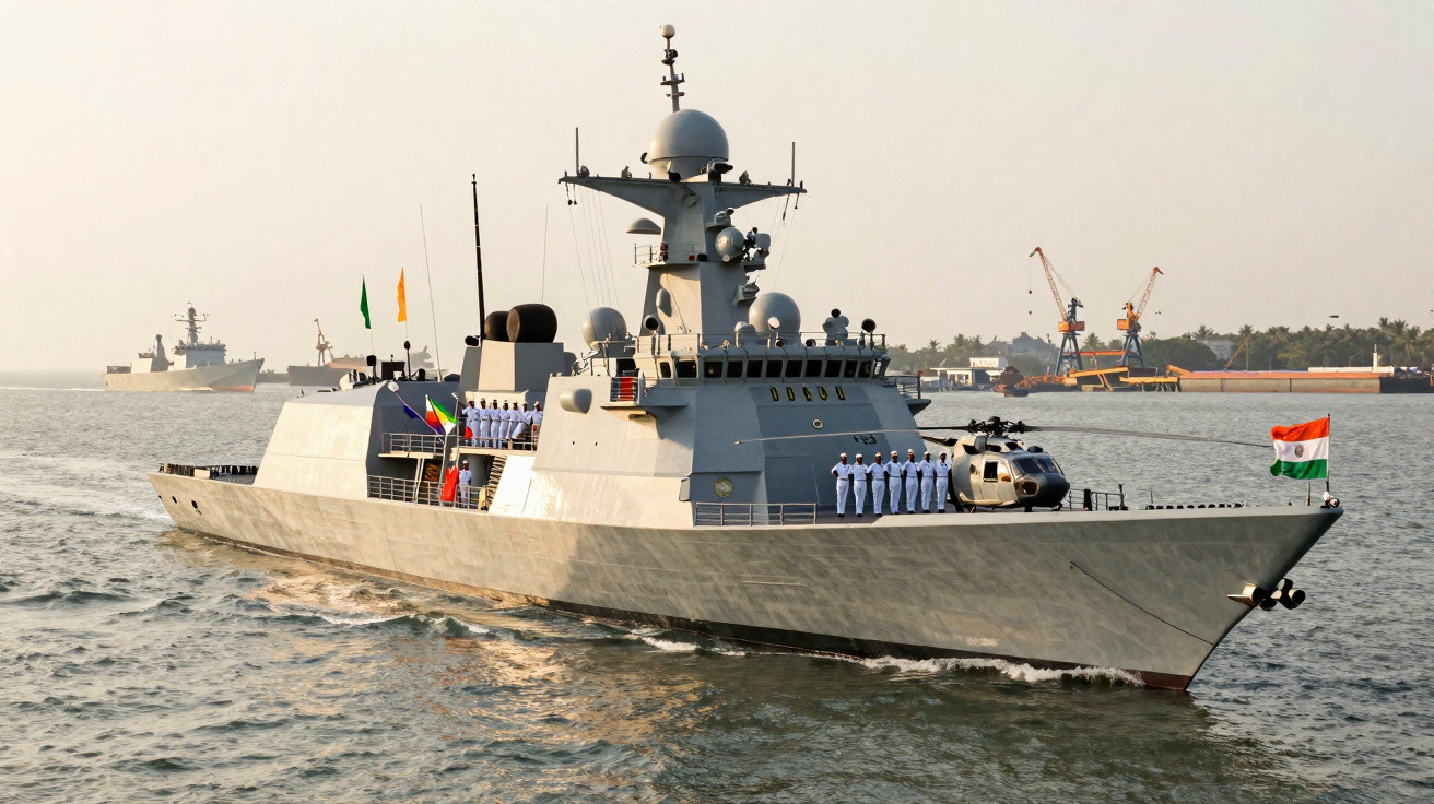 Navio de guerra com tripulação em formação e helicóptero, navegando perto do porto ao amanhecer.