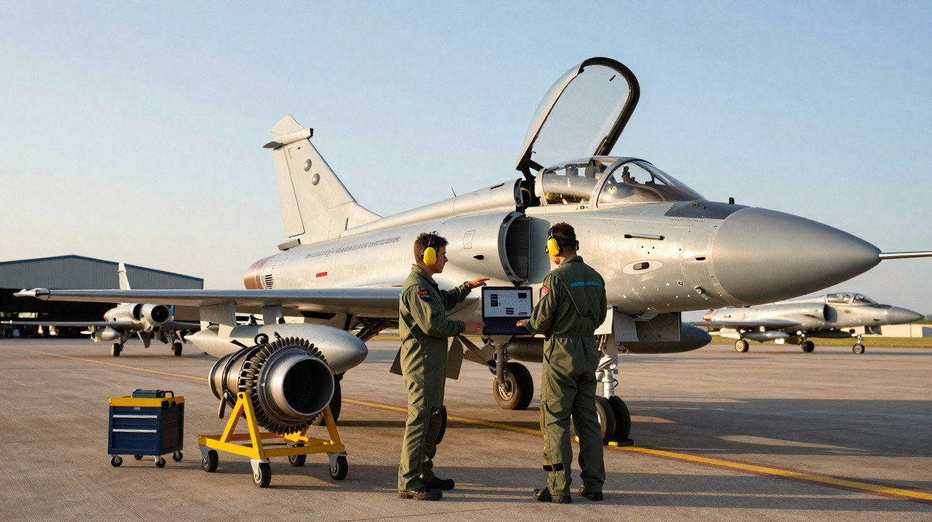 Dois técnicos em fato verde analisam computador ao lado de jato militar prateado numa pista de aeroporto.