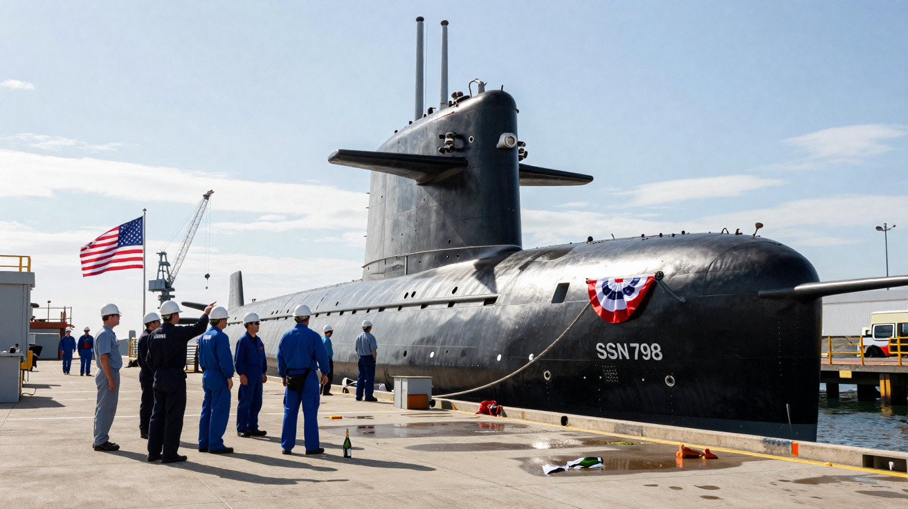 Submarino militar SSN798 atracado com tripulação em cais sob céu azul claro, bandeira dos EUA ao fundo.