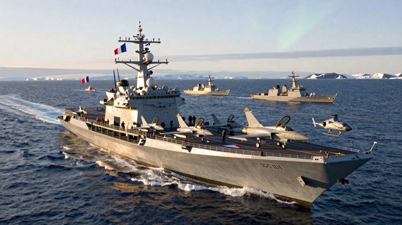 Porta-aviões francês com aviões de caça e helicóptero em mar aberto, acompanhado por navios militares.