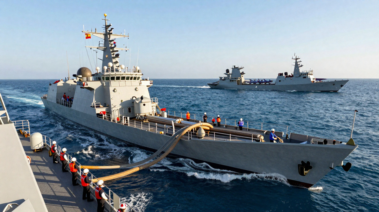 Navios de guerra realizam operação de reabastecimento no mar em dia com céu limpo e mar calmo.