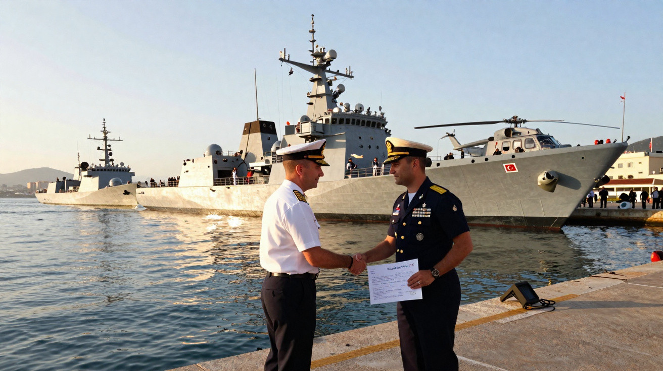 Dois oficiais navais apertam as mãos num cais com navios de guerra turcos ancorados ao fundo.