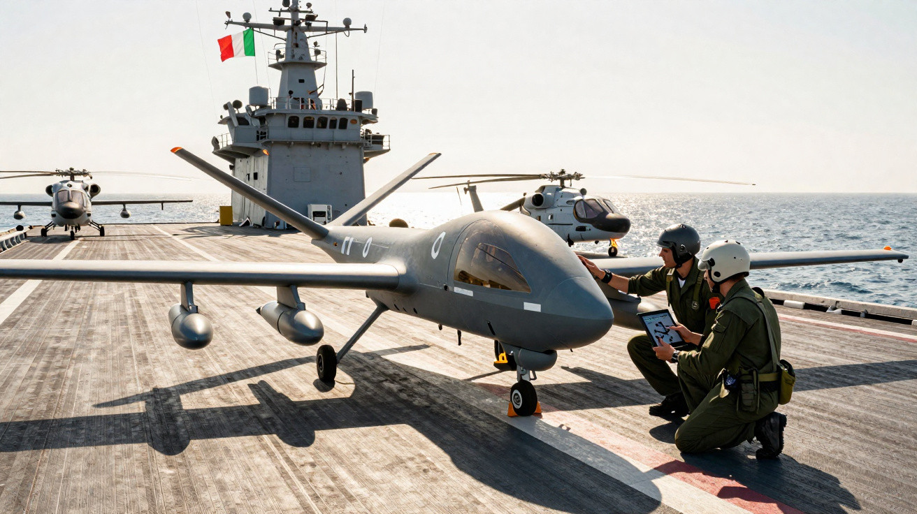 Dois militares verificam um drone militar em porta-aviões no mar com helicópteros ao fundo e bandeira italiana.