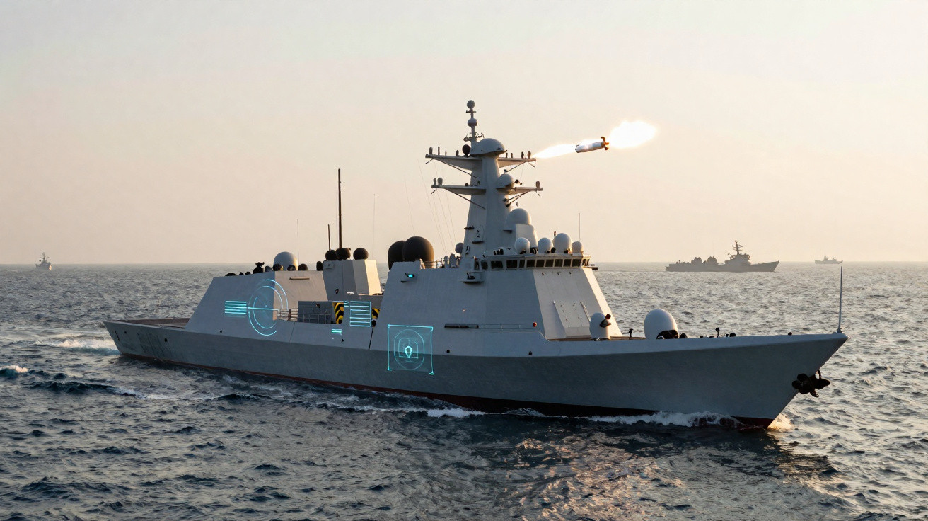 Navio militar cinzento a disparar um míssil no mar ao entardecer.