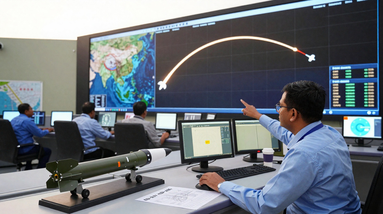 Técnicos numa sala de controlo a monitorizar e planear trajectórias de um míssil numa grande pantalla digital.