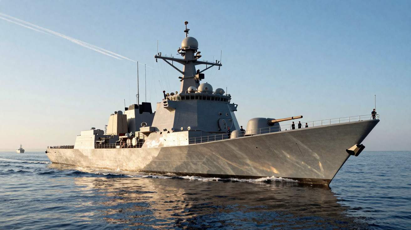 Navio de guerra moderno a navegar no mar sob céu limpo ao amanhecer.