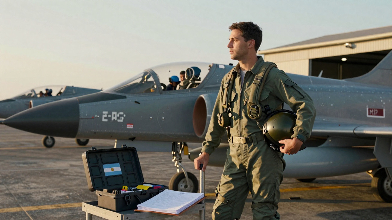 Piloto militar com fato de voo verde, junto a jato de combate na pista de um aeródromo ao pôr do sol.