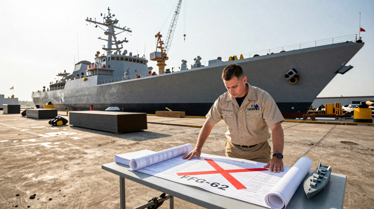 Homem em uniforme naval a analisar planta de navio FFG-62 junto a um grande navio de guerra ancorado no cais.