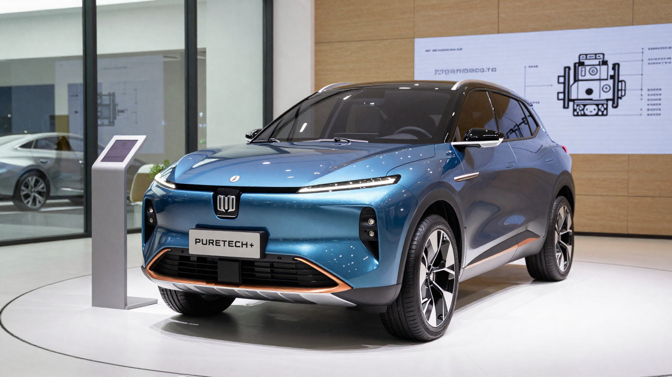 Carro elétrico azul com design moderno exposto em showroom, modelo Puretech+ visível na matrícula.