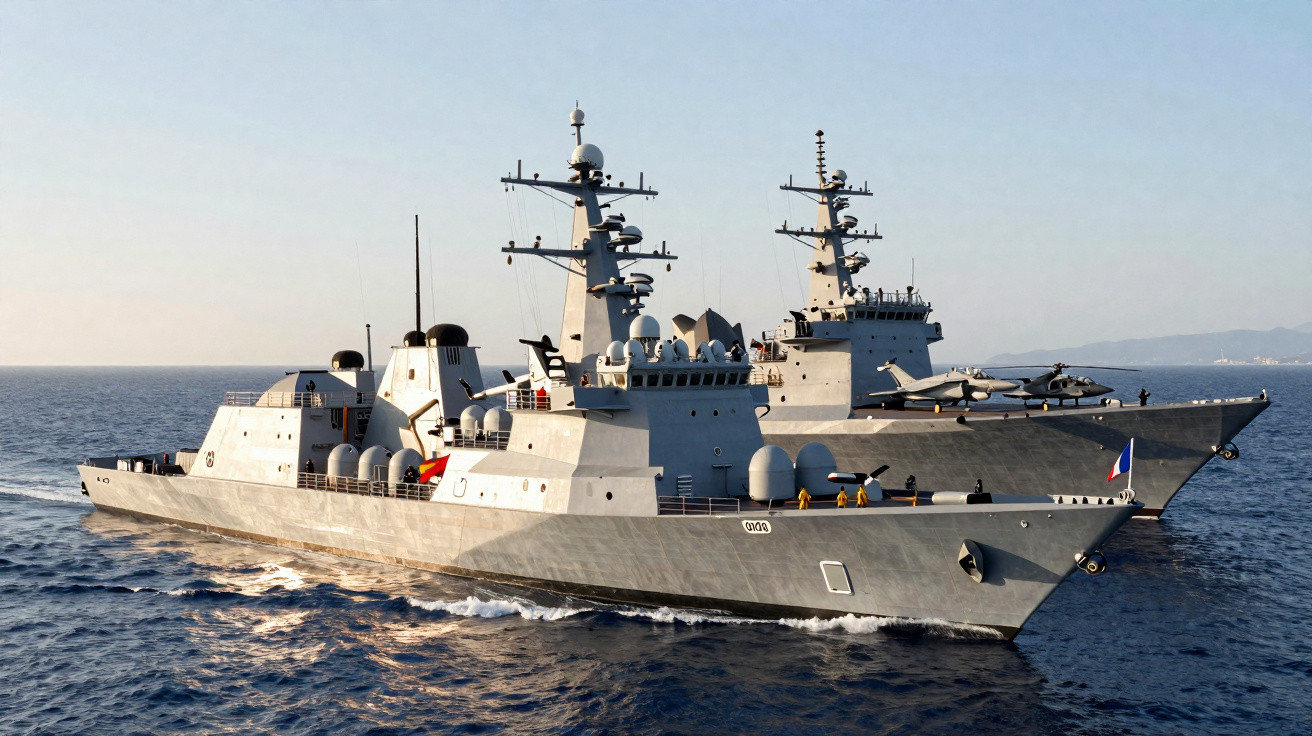 Duas fragatas militares modernas com bandeiras espanhola e francesa navegando no mar calmo ao amanhecer.
