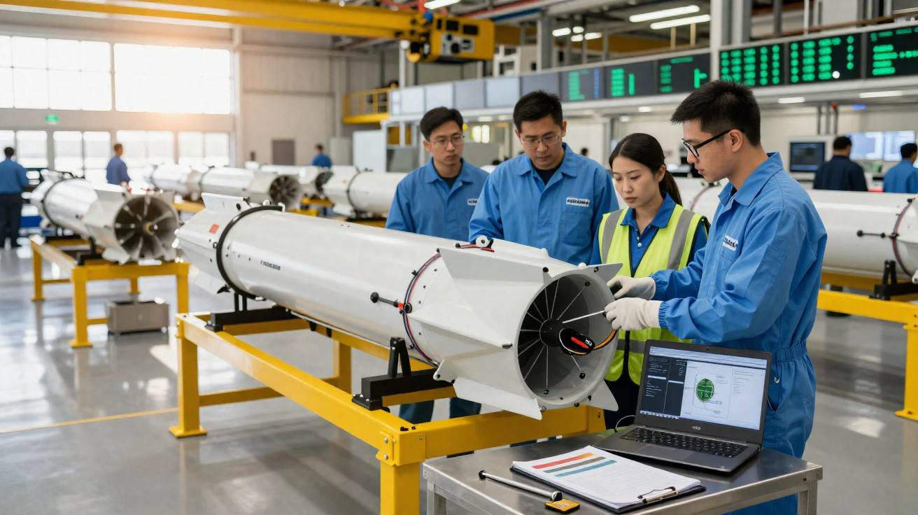 Engenheiros trabalham em conjunto na inspeção de equipamento tecnológico numa fábrica moderna.