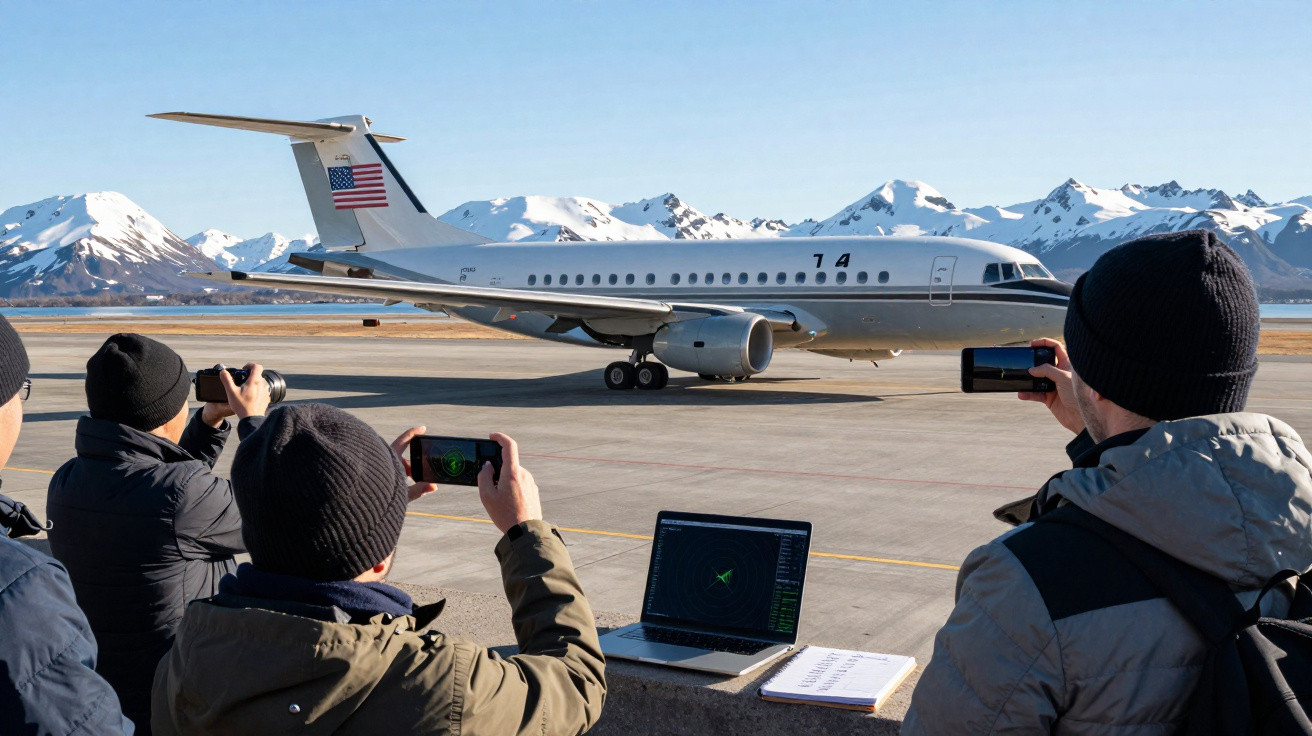 Pessoas a fotografar um avião branco com bandeira dos EUA numa pista com montanhas nevadas ao fundo.
