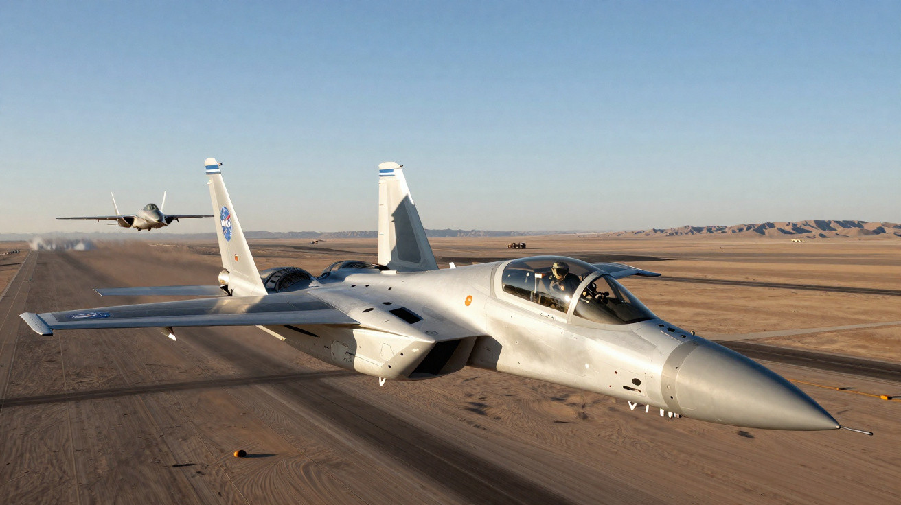 Aviões militares de combate a voar baixo sobre pista deserta, piloto visível na cabine.