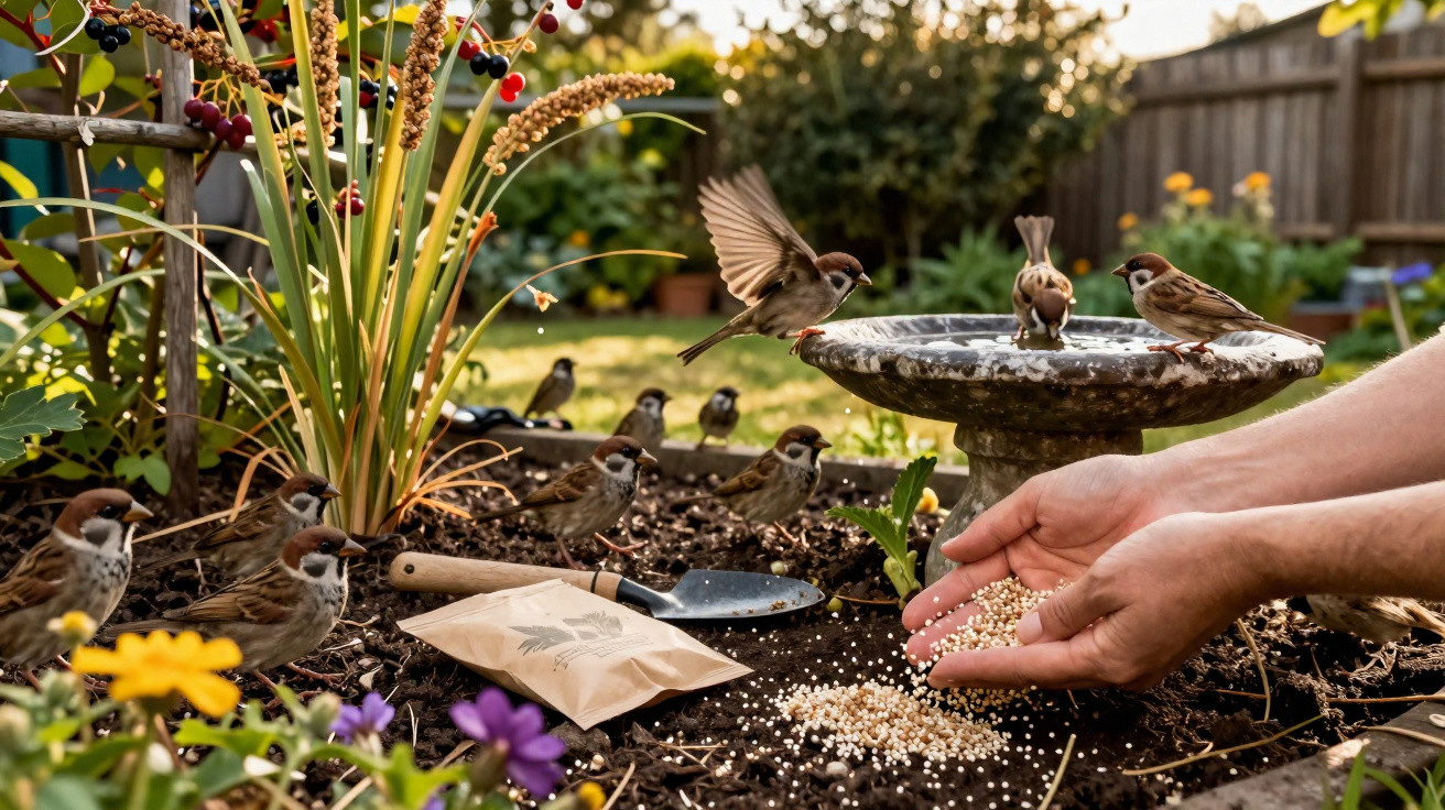 Mãos a espalhar sementes para pardais junto a flores, terra e um bebedouro de pássaros no jardim.