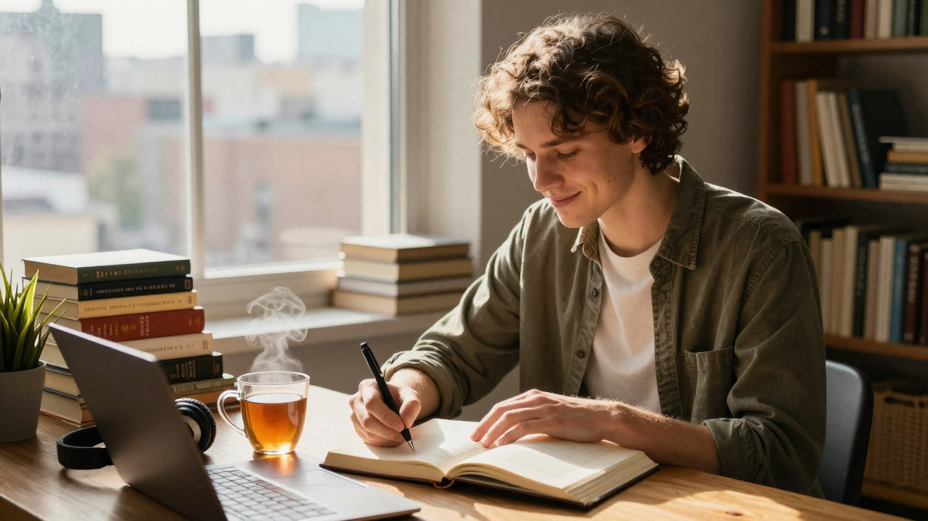Jovem sentado a escrever num caderno à secretária, com chá, computador portátil e livros à volta.