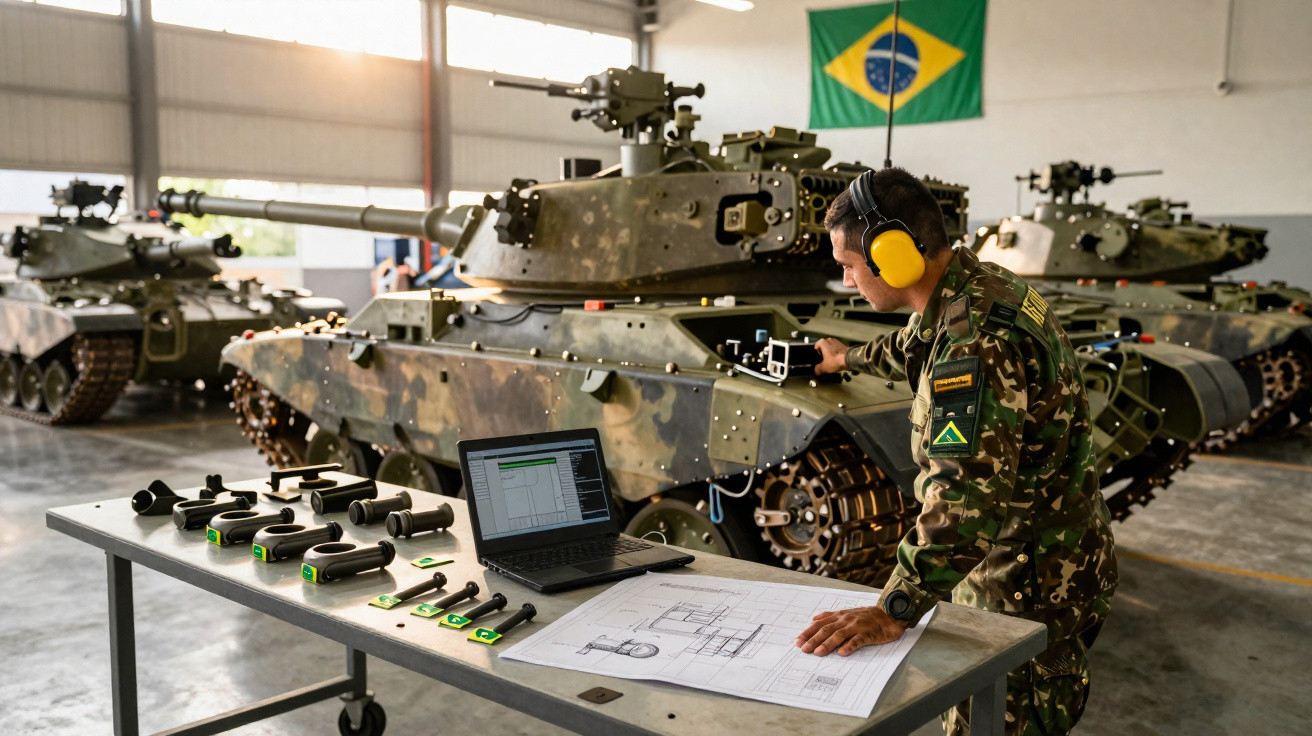 Soldado brasileiro em uniforme camuflado a verificar mapas e peças junto a tanques num hangar com bandeira do Brasil ao fundo