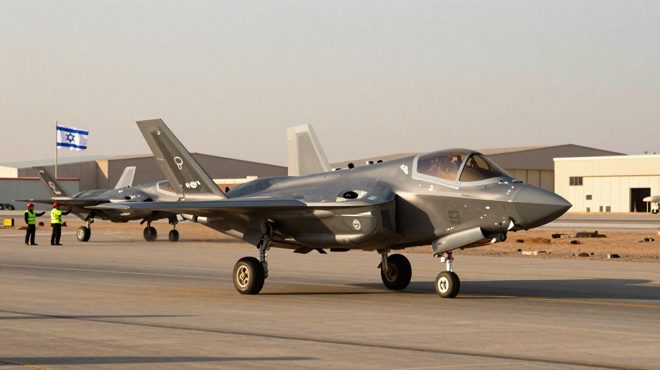 Aviões de combate F-35 estacionados numa pista, com bandeira de Israel ao fundo e dois militares perto.