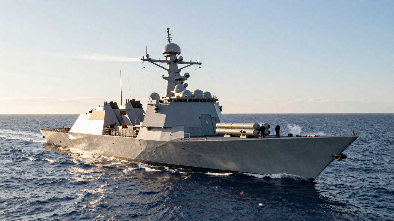 Navio de guerra moderno a navegar no mar calmo durante o dia com céu limpo.