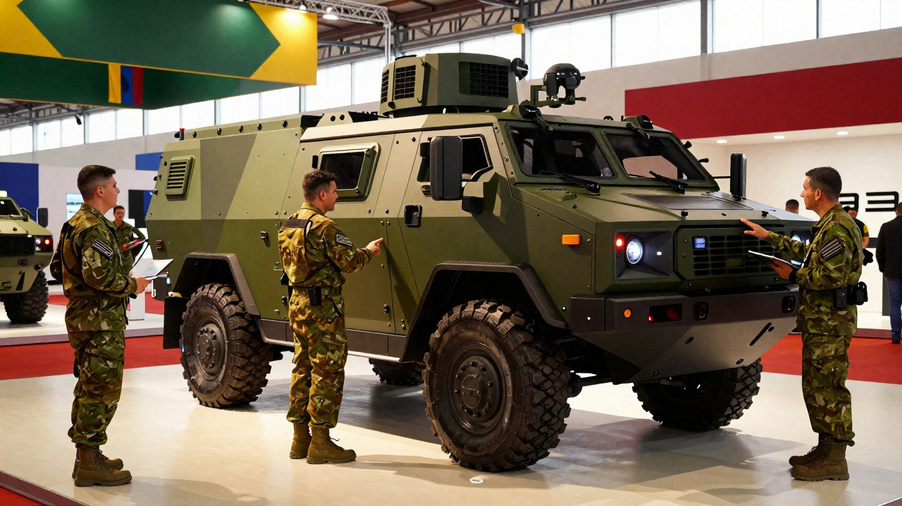 Veículo militar blindado verde com três soldados em uniforme camuflado a observá-lo numa exposição indoor.