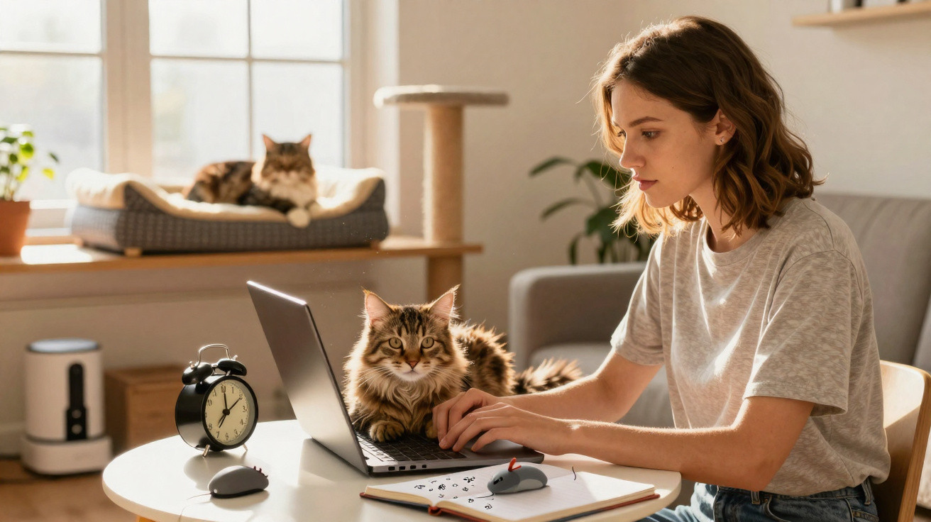 Mulher trabalha no portátil com um gato ao colo, enquanto outro gato está a dormir numa cama perto da janela.