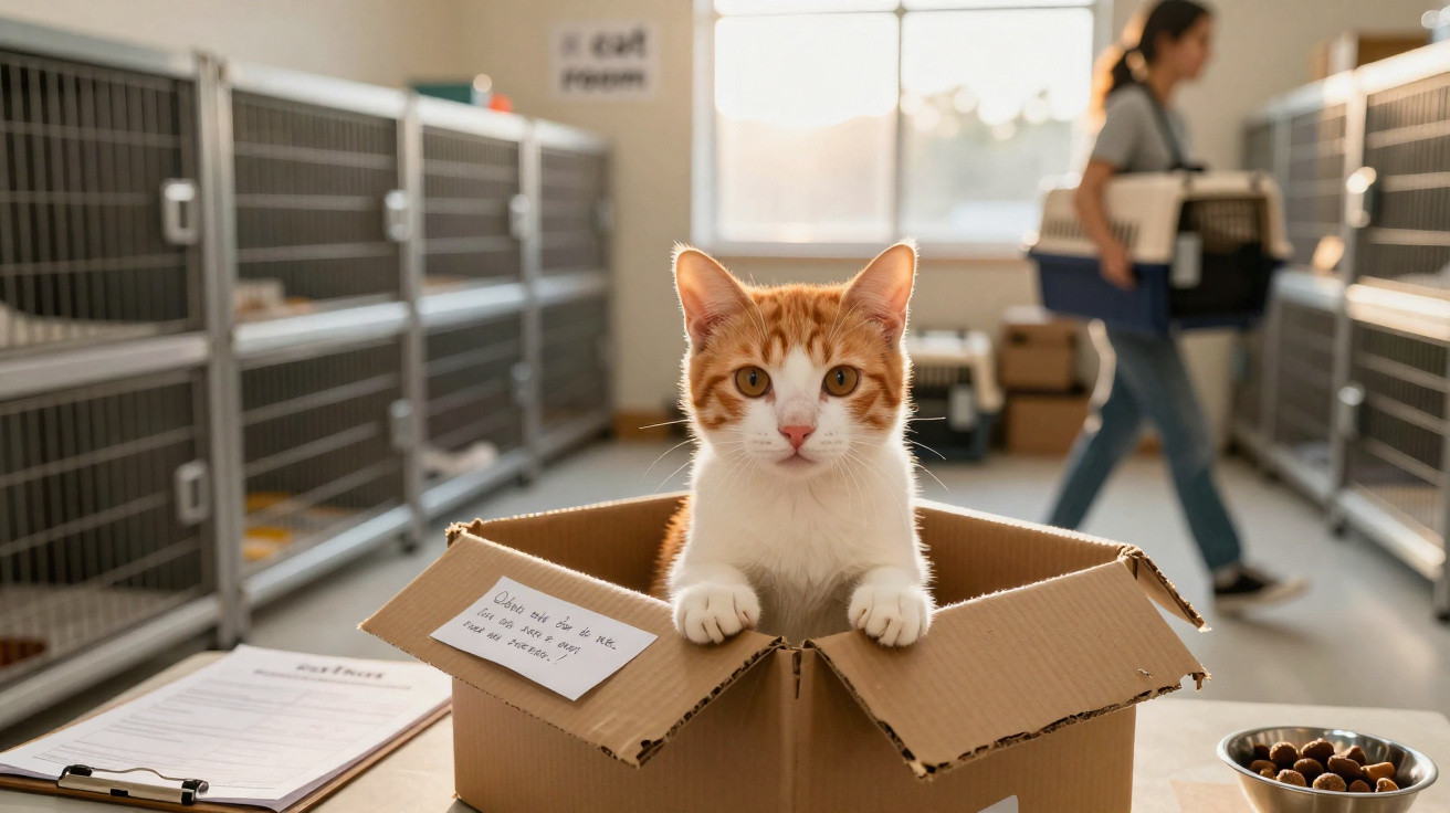 Gato laranja dentro de uma caixa de papelão num abrigo, com uma pessoa ao fundo a transportar uma caixa.