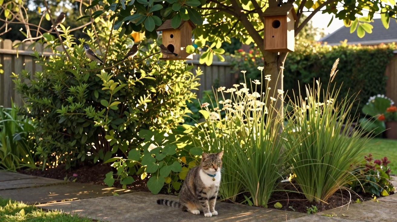 Gato sentado num jardim com arbustos, flores e duas casas de pássaros penduradas numa árvore.