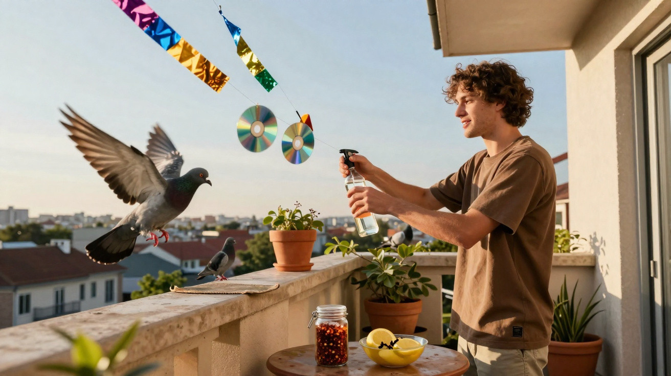Homem no terraço a borrifar plantas e repelir pombos com objetos pendurados a brilhar ao sol.