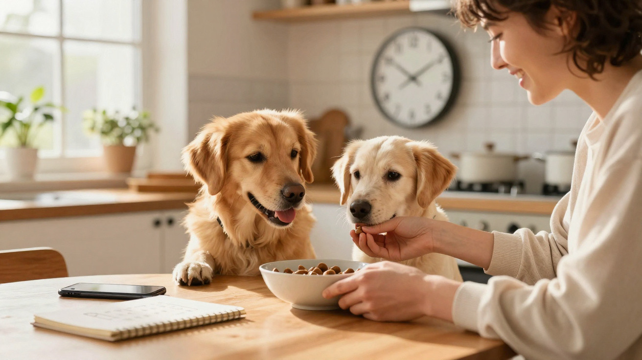 Mulher a alimentar dois cães golden retriever sentados à mesa de cozinha numa manhã ensolarada.