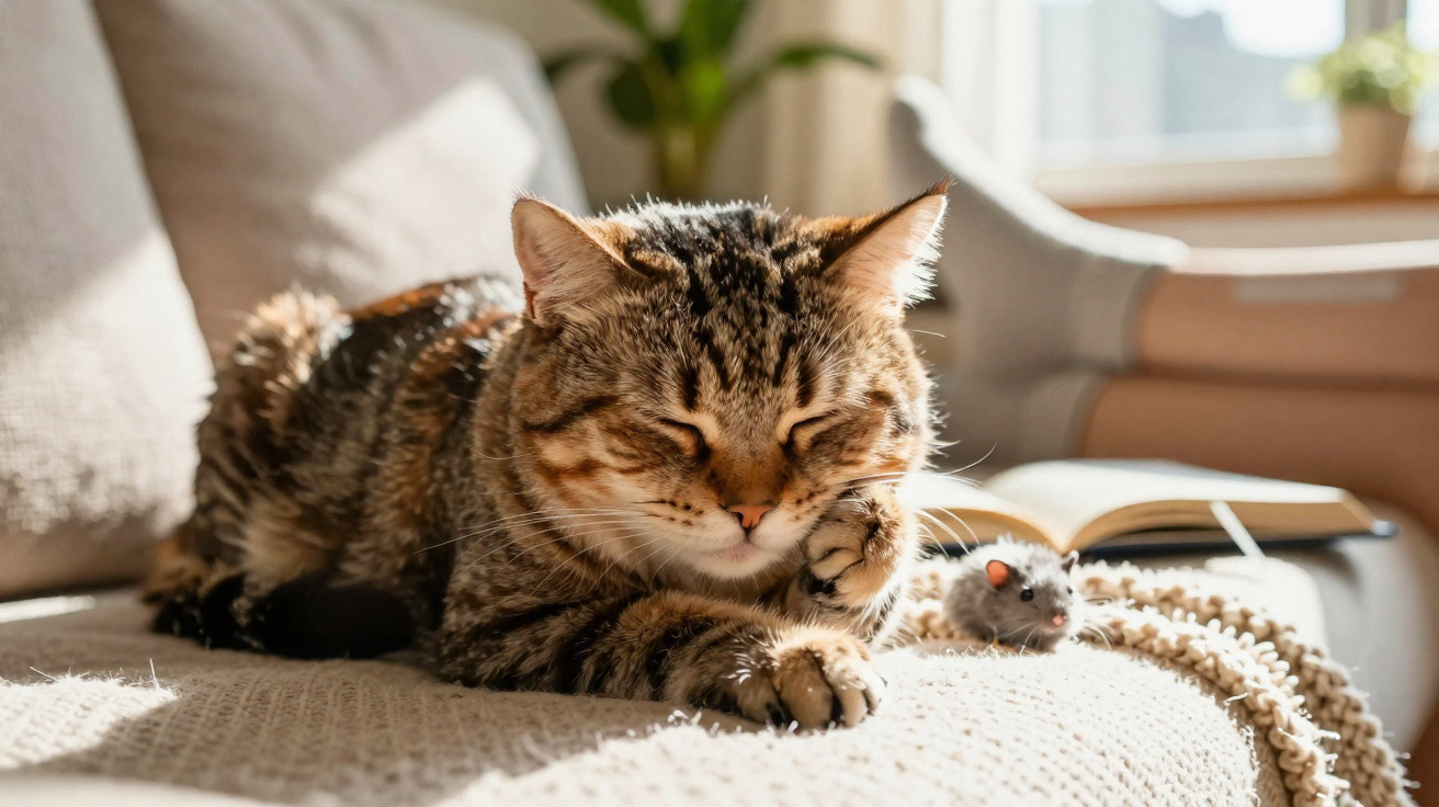 Gato malhado com os olhos fechados, a descansar num sofá, ao lado de um rato de brinquedo cinzento.