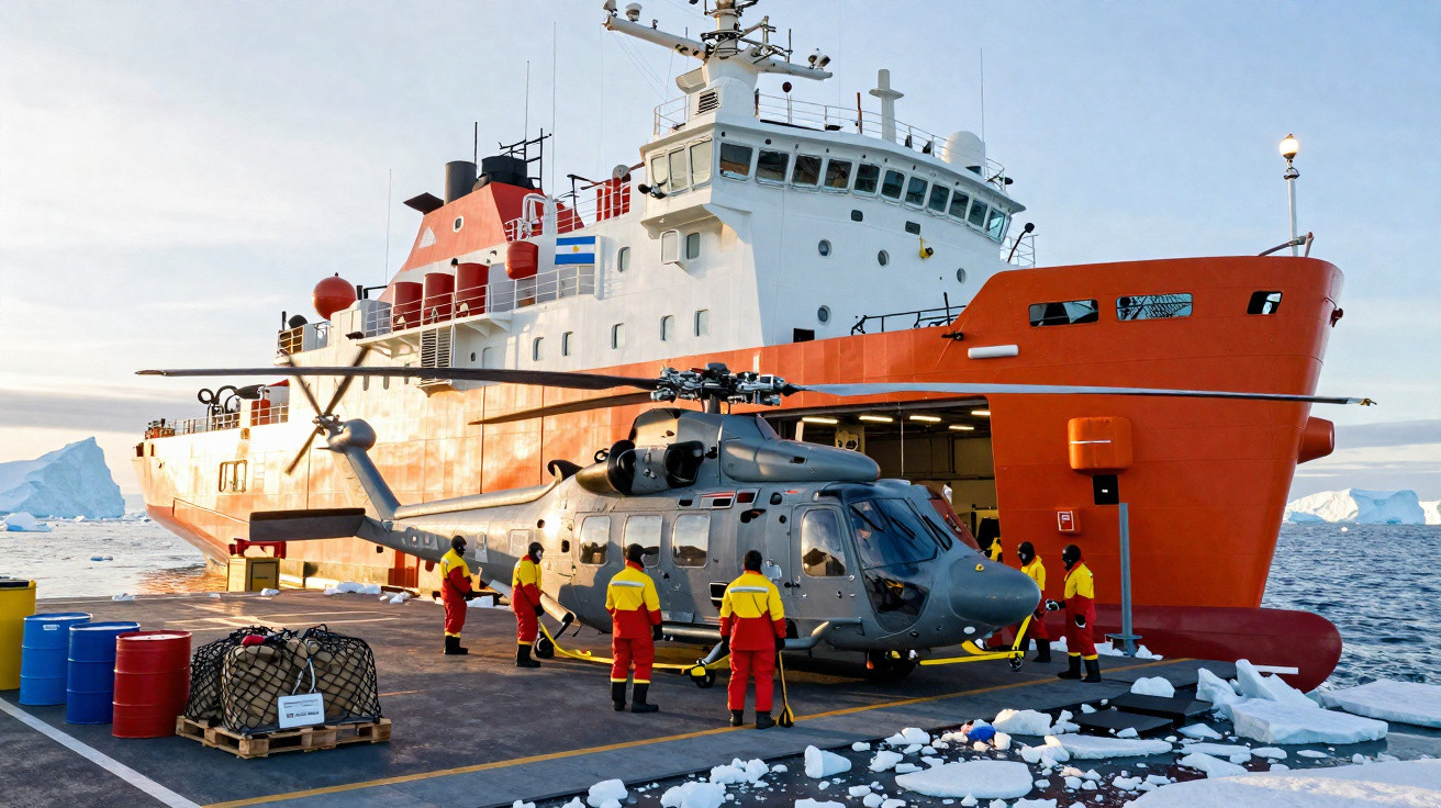 Helicóptero cinzento com tripulantes em fatos de sobrevivência na plataforma de um navio de investigação laranja no gelo.