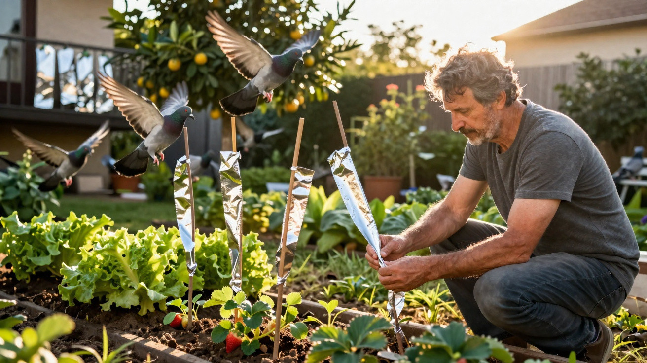Homem a colocar fitas reflexivas no jardim para afastar pombos das plantas ao pôr do sol.