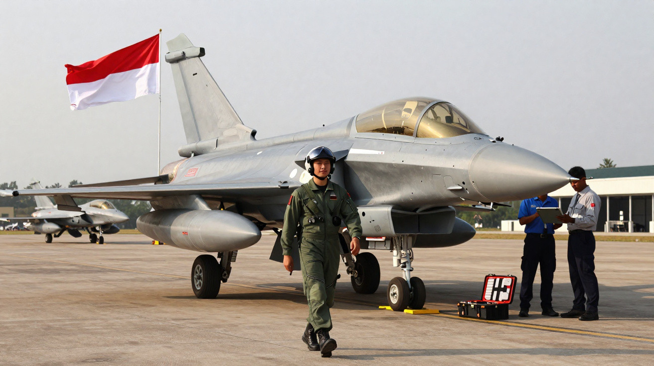 Piloto militar a caminhar em frente a jato de combate cinzento com bandeira vermelha e branca numa base aérea.