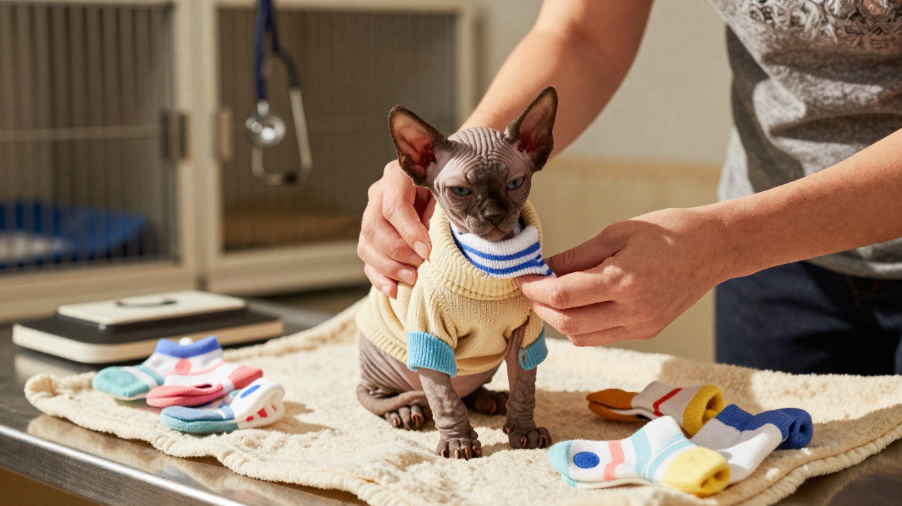 Gato sphynx vestido com camisola amarela enquanto é vestido por pessoa numa mesa com meias coloridas.