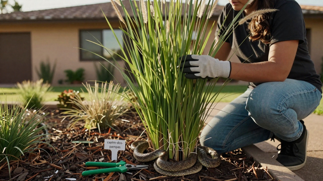 Mulher de luvas a cuidar de planta com cobra enrolada nas folhas num jardim exterior.