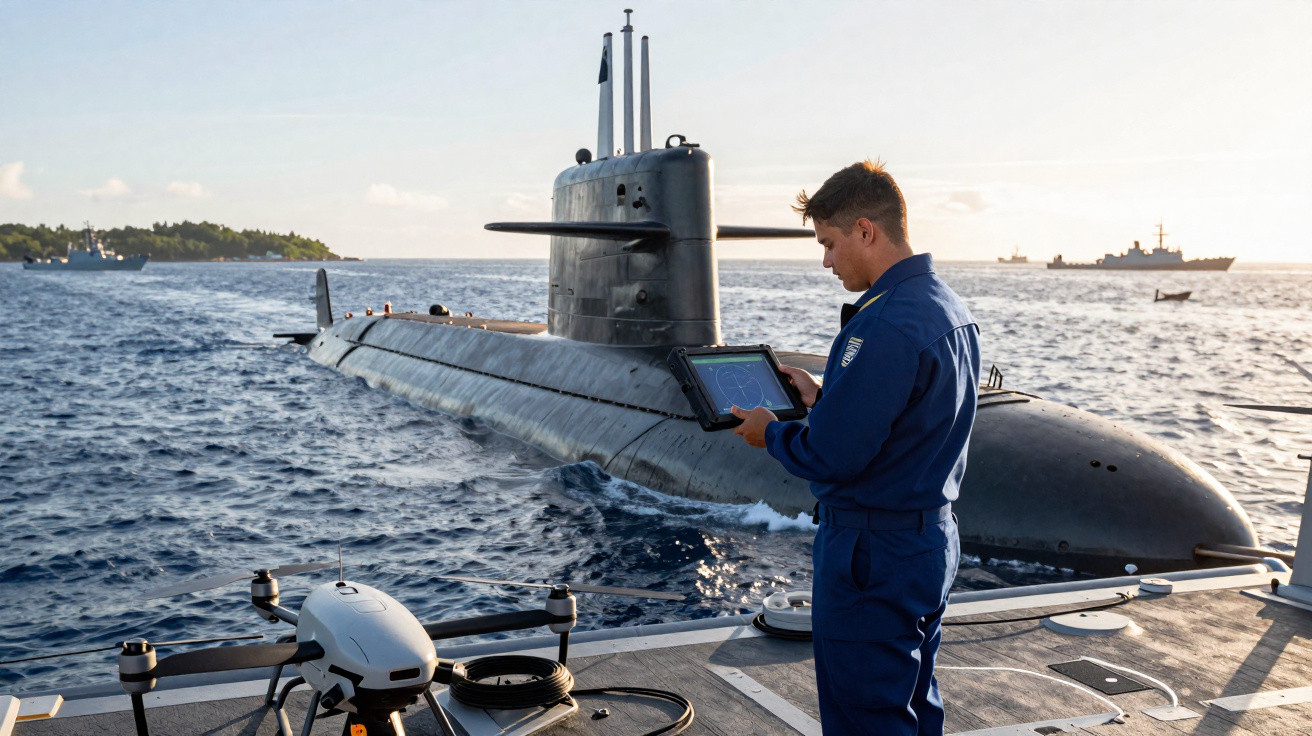 Militar opera tablet ao lado de submarino no mar ao entardecer com drone e navios ao fundo.