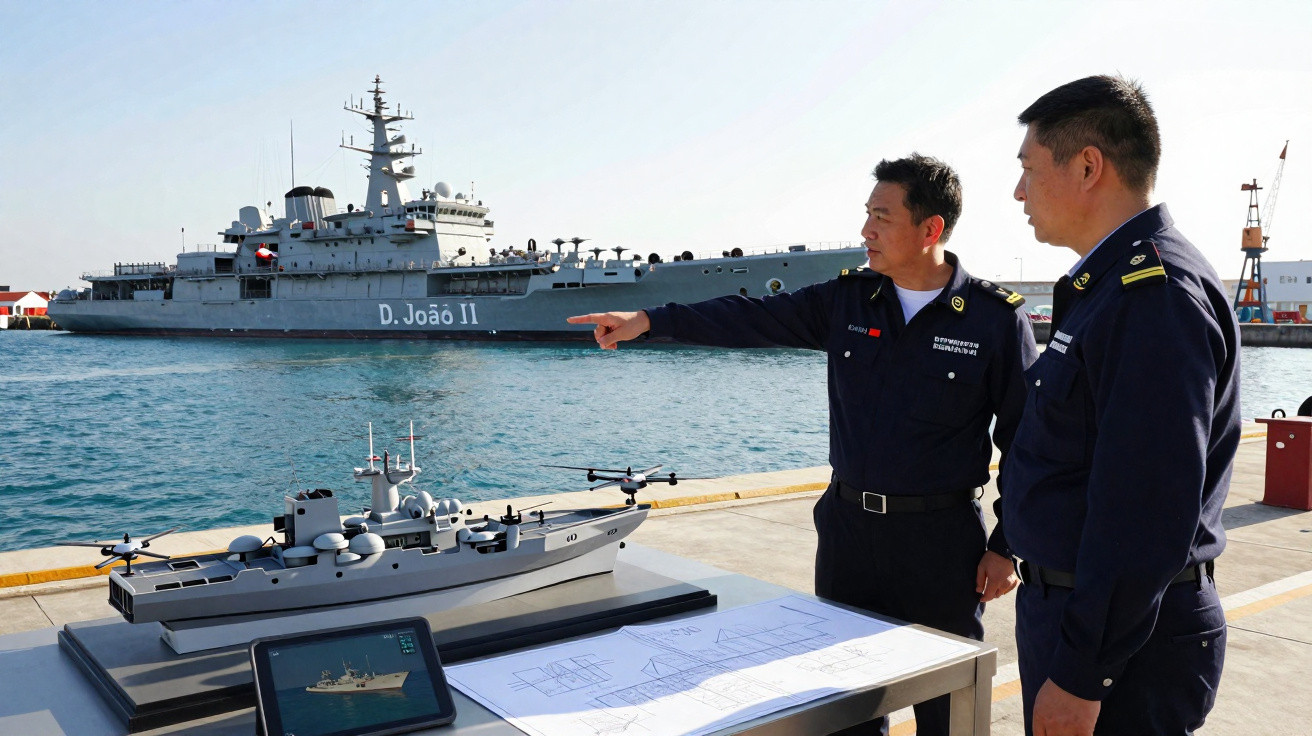 Dois oficiais em uniforme naval observam modelo de navio e croquis com navio de guerra D. João II ao fundo.
