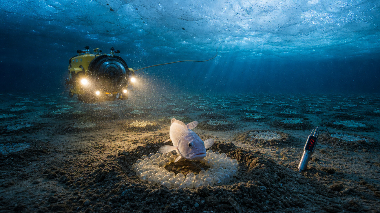 Submarino com luzes acesas aproxima-se de peixe e ovos no fundo do mar sob gelo.