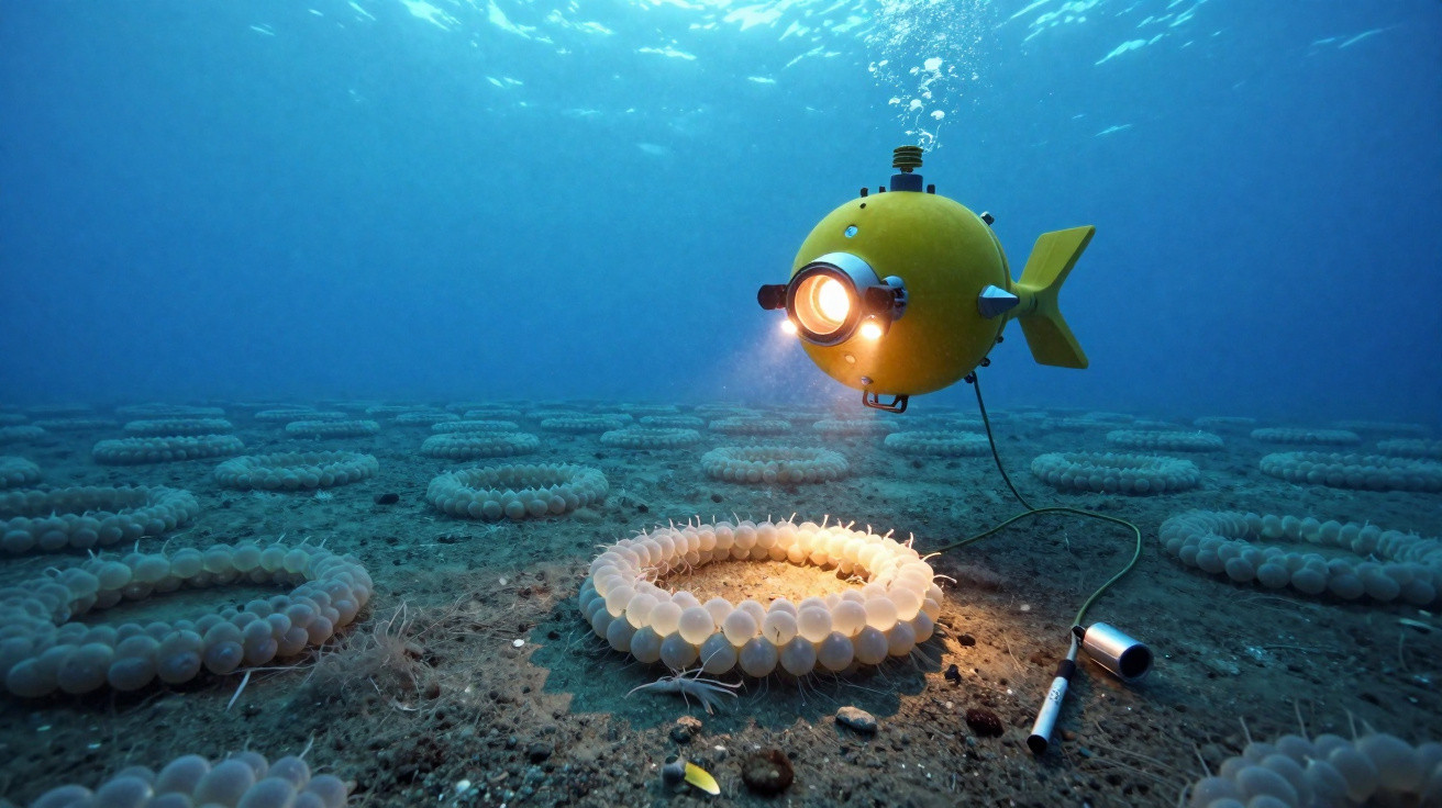 Veículo submarino amarelo iluminando anéis circulares misteriosos no fundo do oceano.