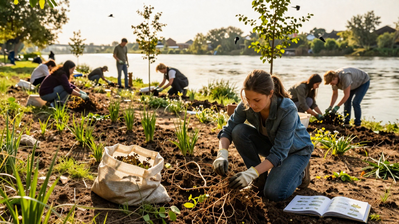 Grupo de pessoas a plantar árvores e vegetação junto a um rio numa tarde de sol.